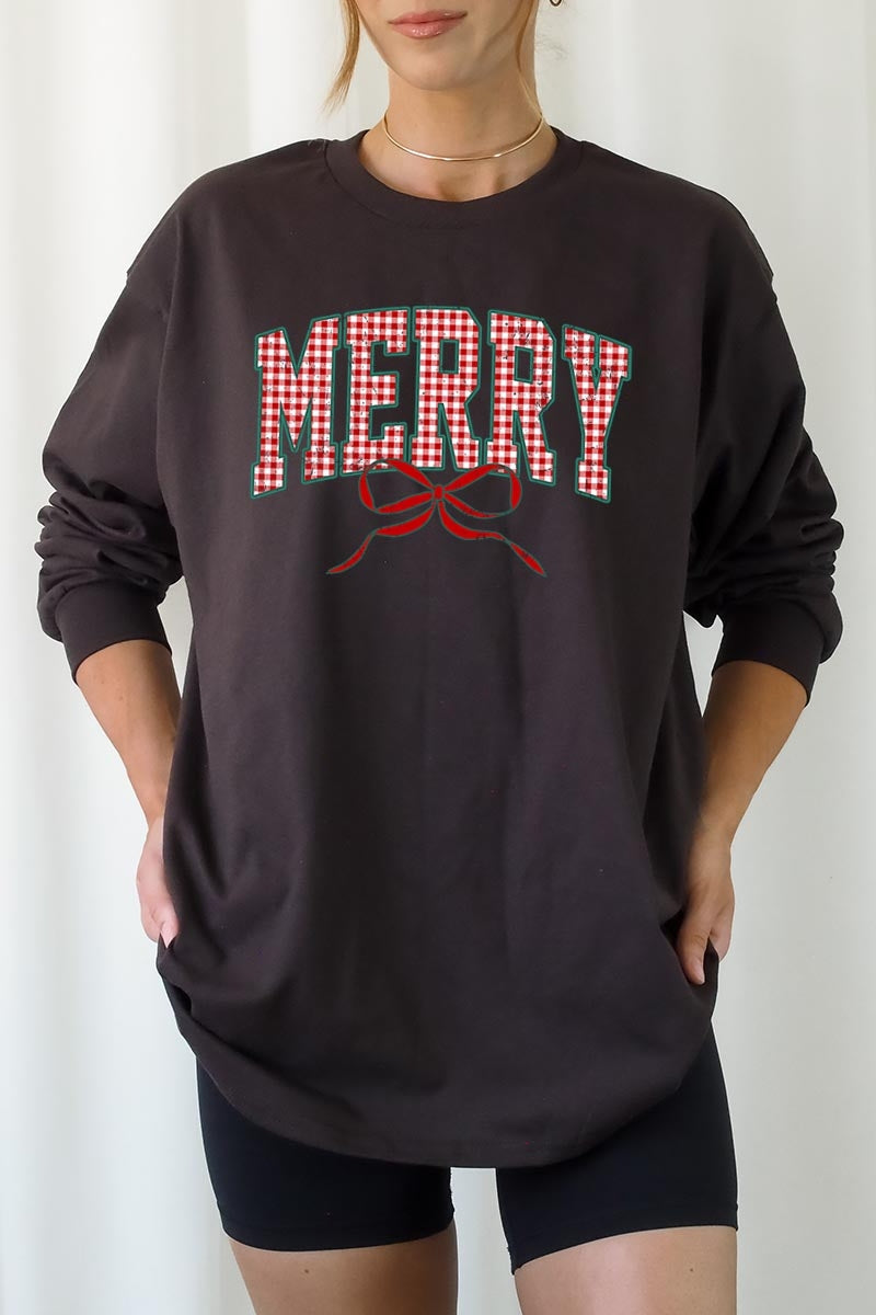 UL240-E3206 Plaid Merry Christmas Bow Graphic Long Sleeve Tee $13.75