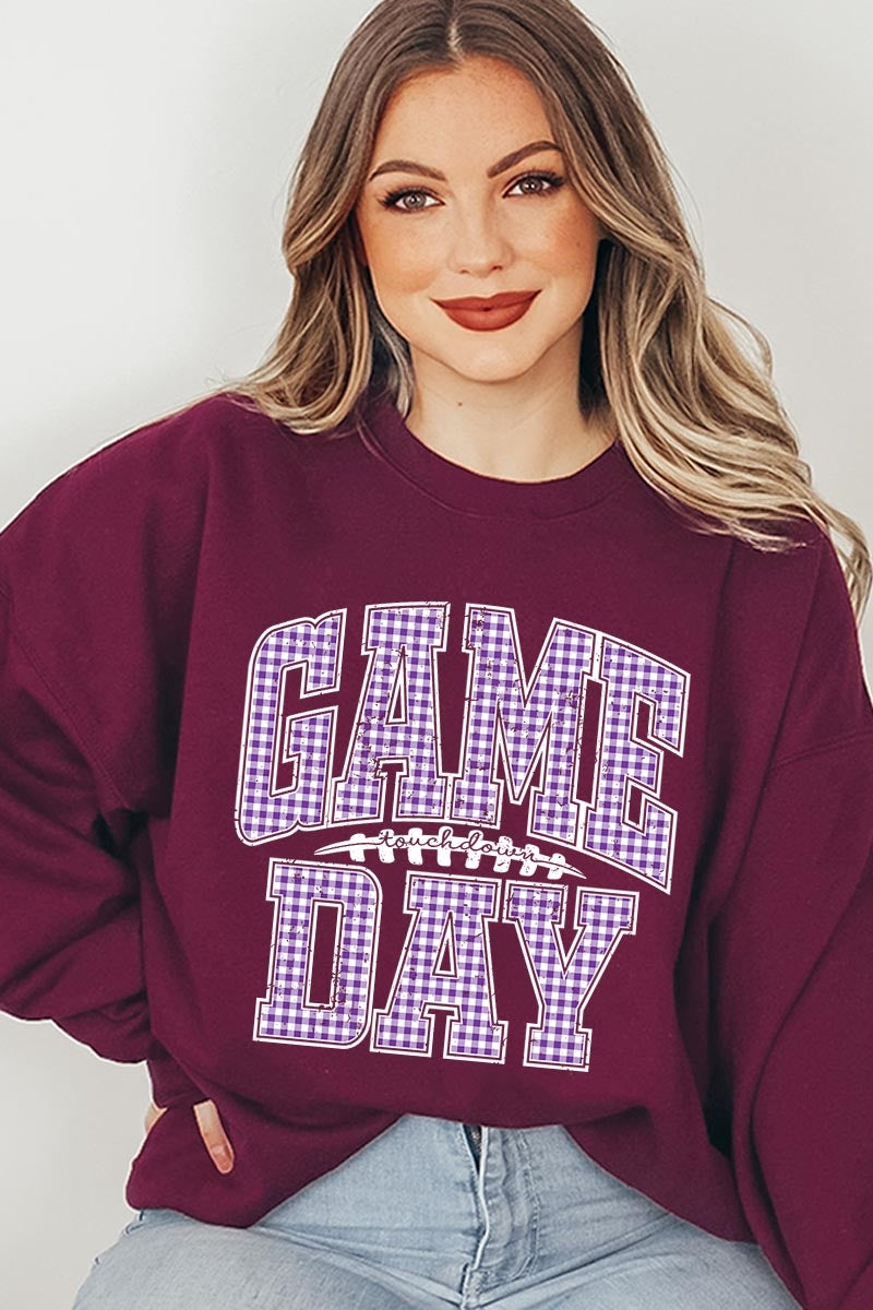 UL180P-E3127 Purple Gingham Game Day Graphic Plus Sweatshirt $25