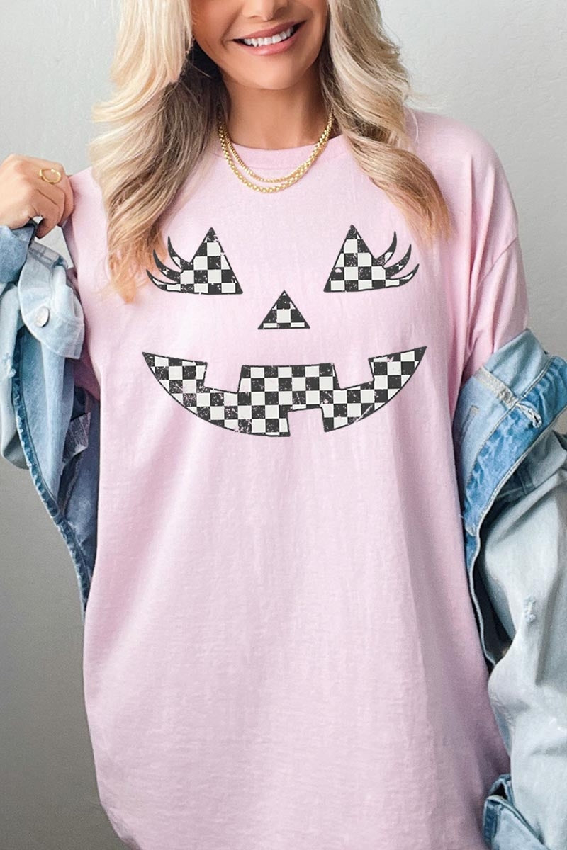 5000P-E3149 Checker Pumpkin Face Graphic Plus Heavy Cotton Tee $12.75