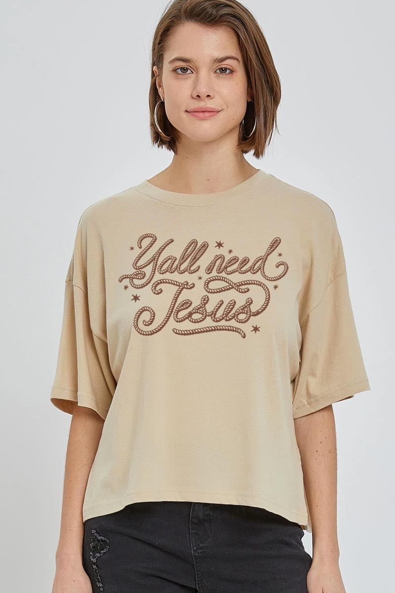 CTS-E3115 Y'all Need Jesus Graphic Relaxed Crop Top $11