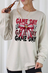 UL240-E3093 Red Silver Football Game Day Bow Long Sleeve Tee $13.75