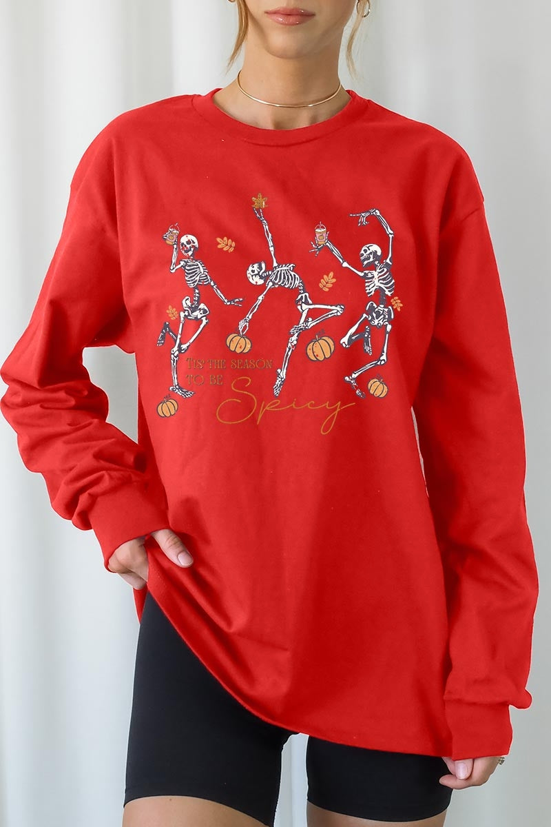 UL240-E3123 Halloween Skeleton Graphic Long Sleeve Tee $13.75