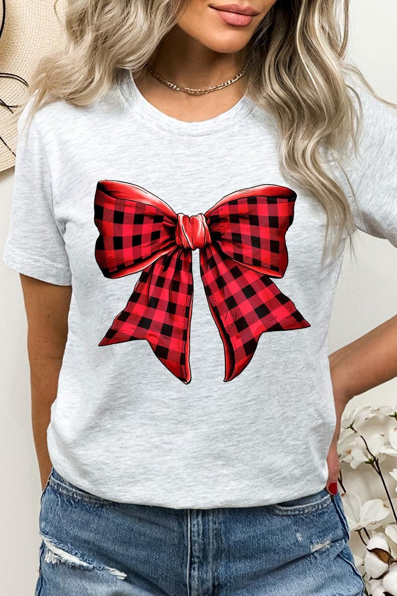US3001-E3198 Red Buffalo Plaid Bow Graphic Tee $12.5