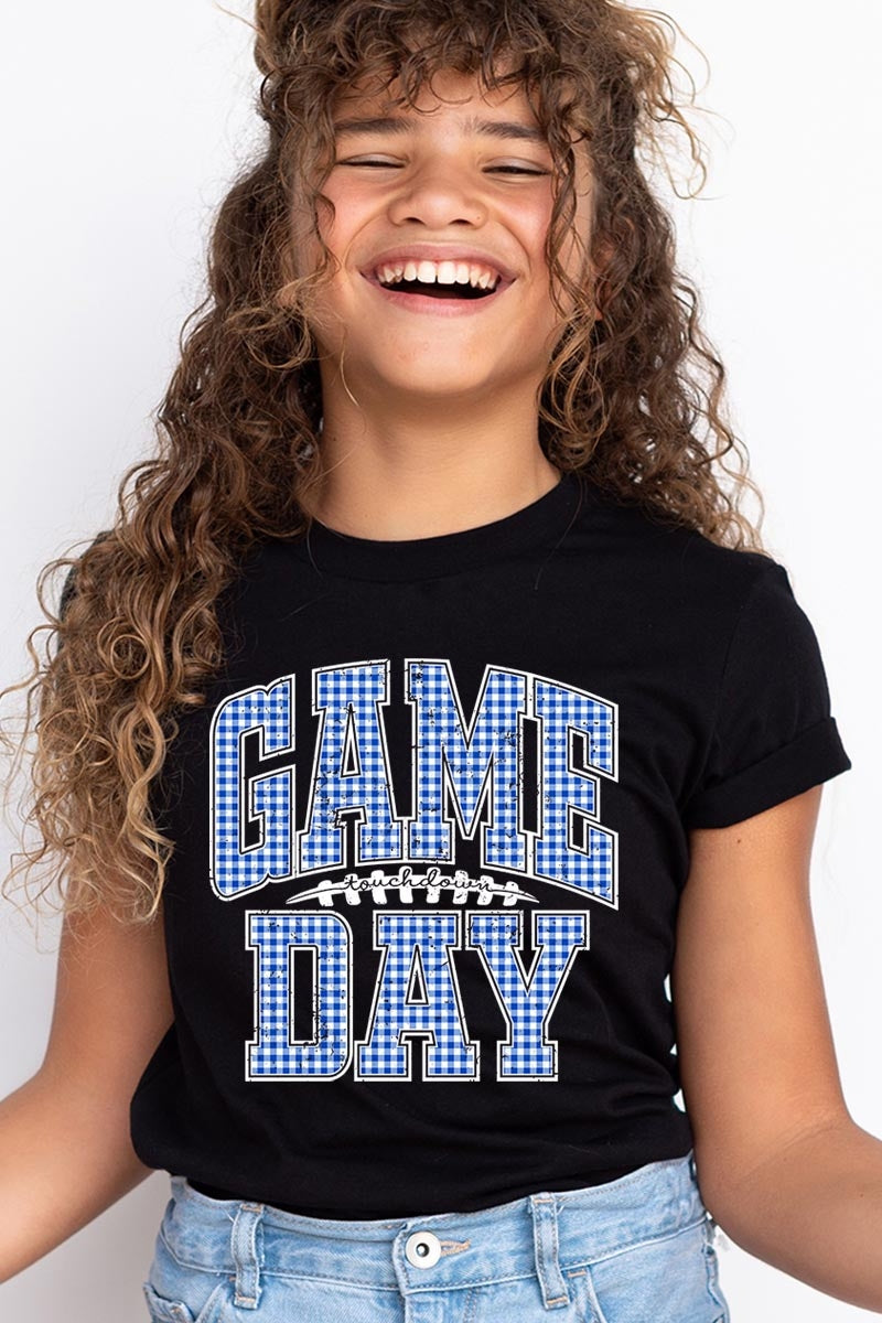 US3001Y-E3130Z Blue Gingham Game Day Kids Graphic Tee $11