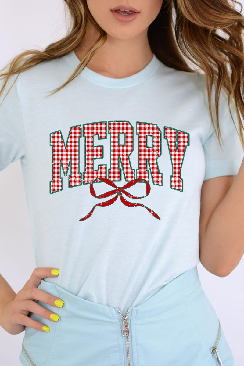 US3001-E3206 Plaid Merry Christmas Bow Graphic Tee $12.5