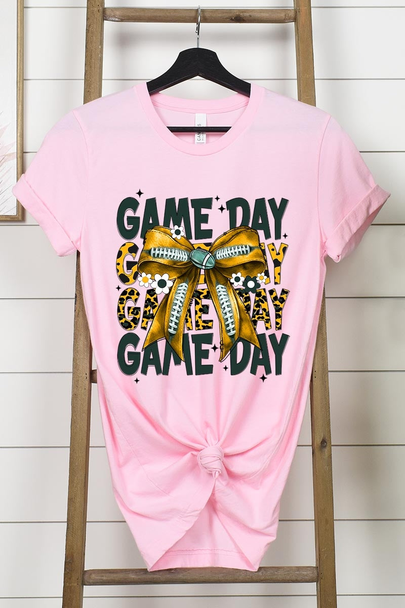 US3001P-E3090 Yellow Football Game Day Bow Graphic Plus Tee $16