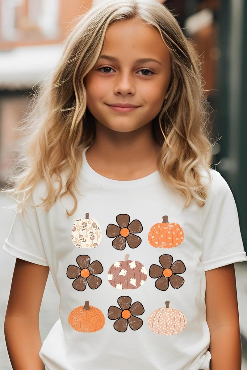 US3001Y-E3117Z Pumpkins & Flowers Fall Kids Graphic Tee $11