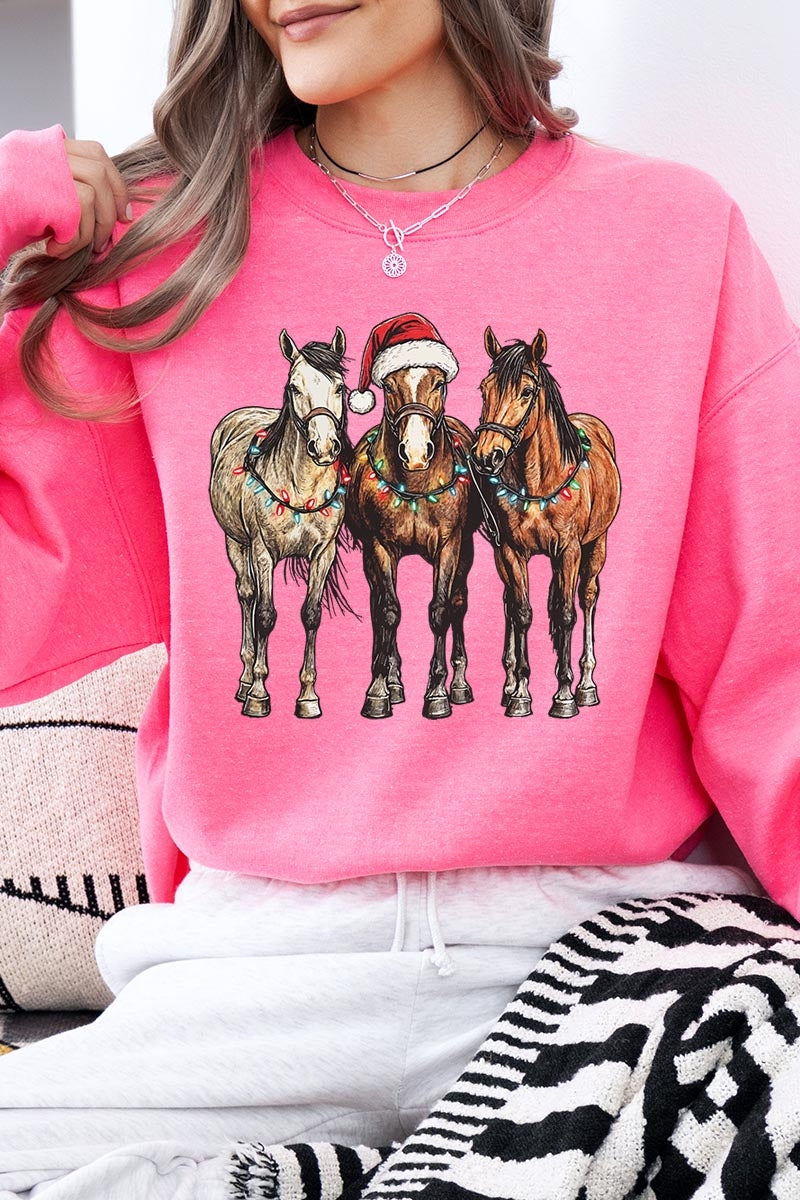 UL180-E3182 Christmas Horses Graphic Sweatshirt $20