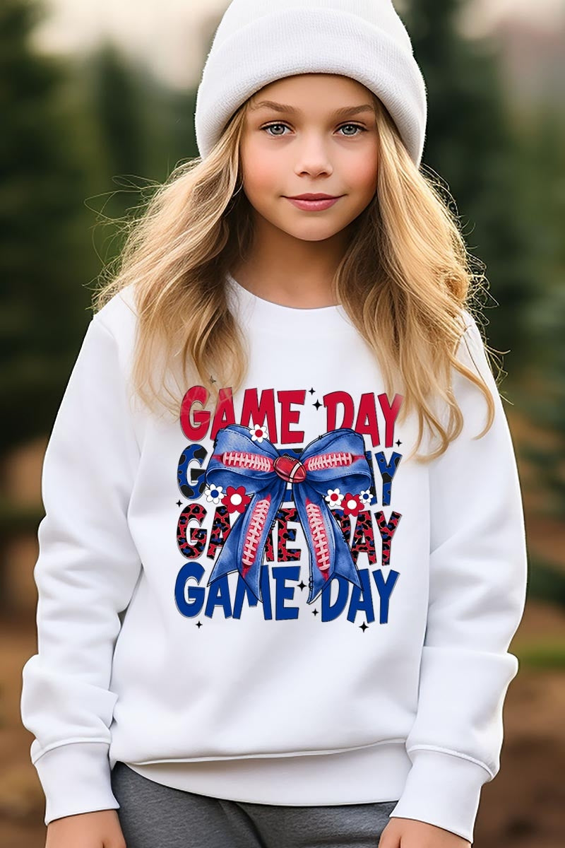 UL180B-E3087Z Red Blue Football Game Day Bow Kids Sweatshirt $20