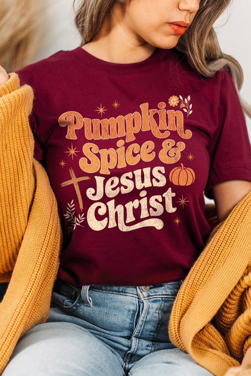 US3001P-E3164 Pumpkin Spice & Jesus Graphic Plus Tee $16