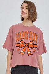CTS-E3064 Orange Game Day Football Bow Graphic Crop Top $11