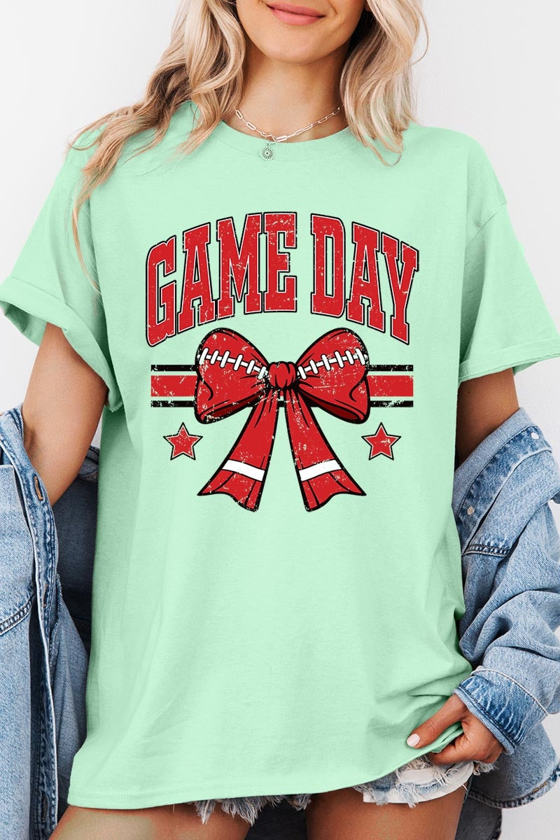 5000-E3062 Red Game Day Football Bow Graphic Heavy Cotton Tee $9