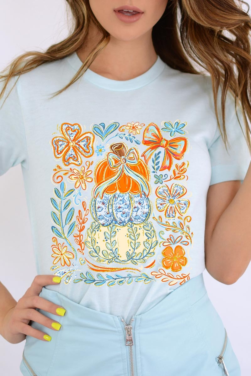 US3001-E3153 Floral Pumpkin Stack Graphic Tee $12.5