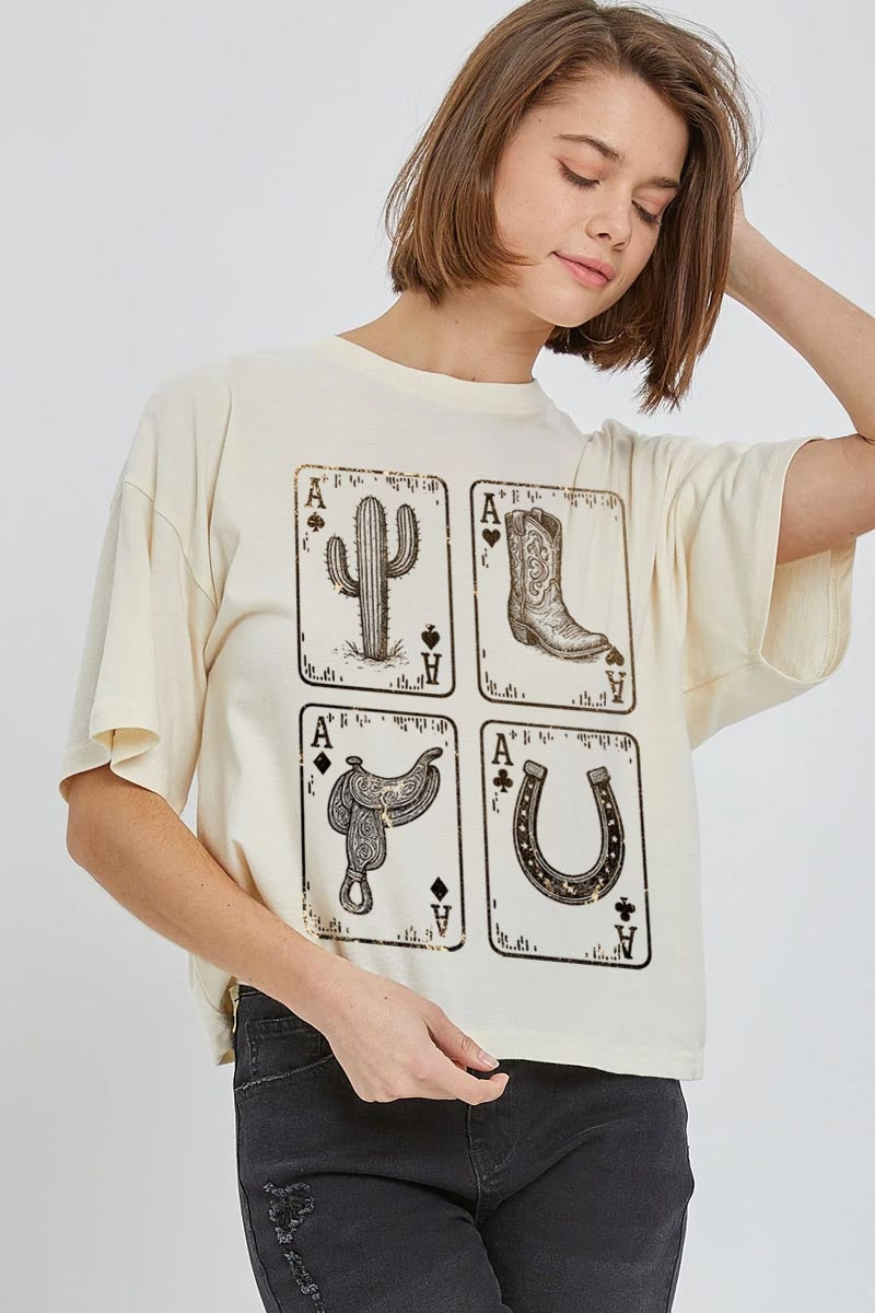CTS-E3094 Western Cowgirl Card Graphic Relaxed Crop Top $11