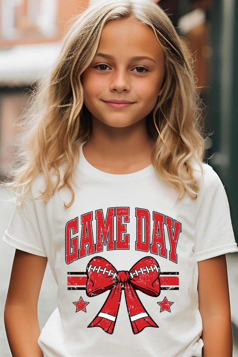 US3001Y-E3062Z Red Game Day Football Bow Kids Graphic Tee $11