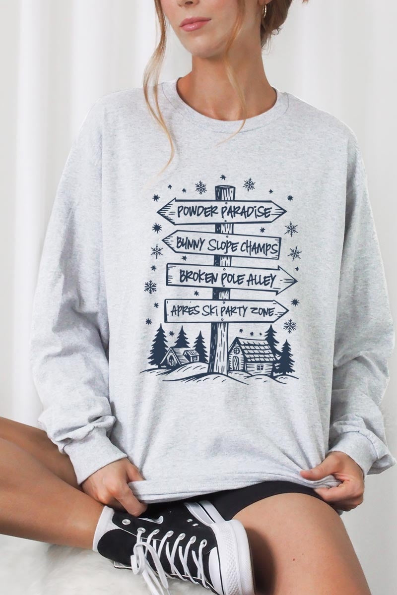 UL240P-E3189 Ski Lodge Signs Graphic Plus Long Sleeve Tee $17