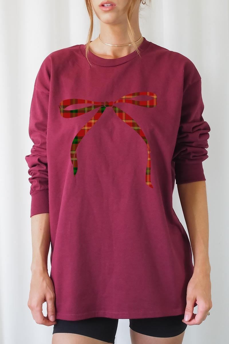 UL240-E3211 Red Bow Christmas Graphic Long Sleeve Tee $13.75