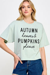 CTS-E3158 Autumn Leaves Pumpkins Graphic Relaxed Crop Top $11