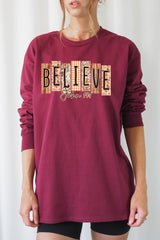 UL240-E3167 Believe Fall Christian Graphic Long Sleeve Tee $13.75