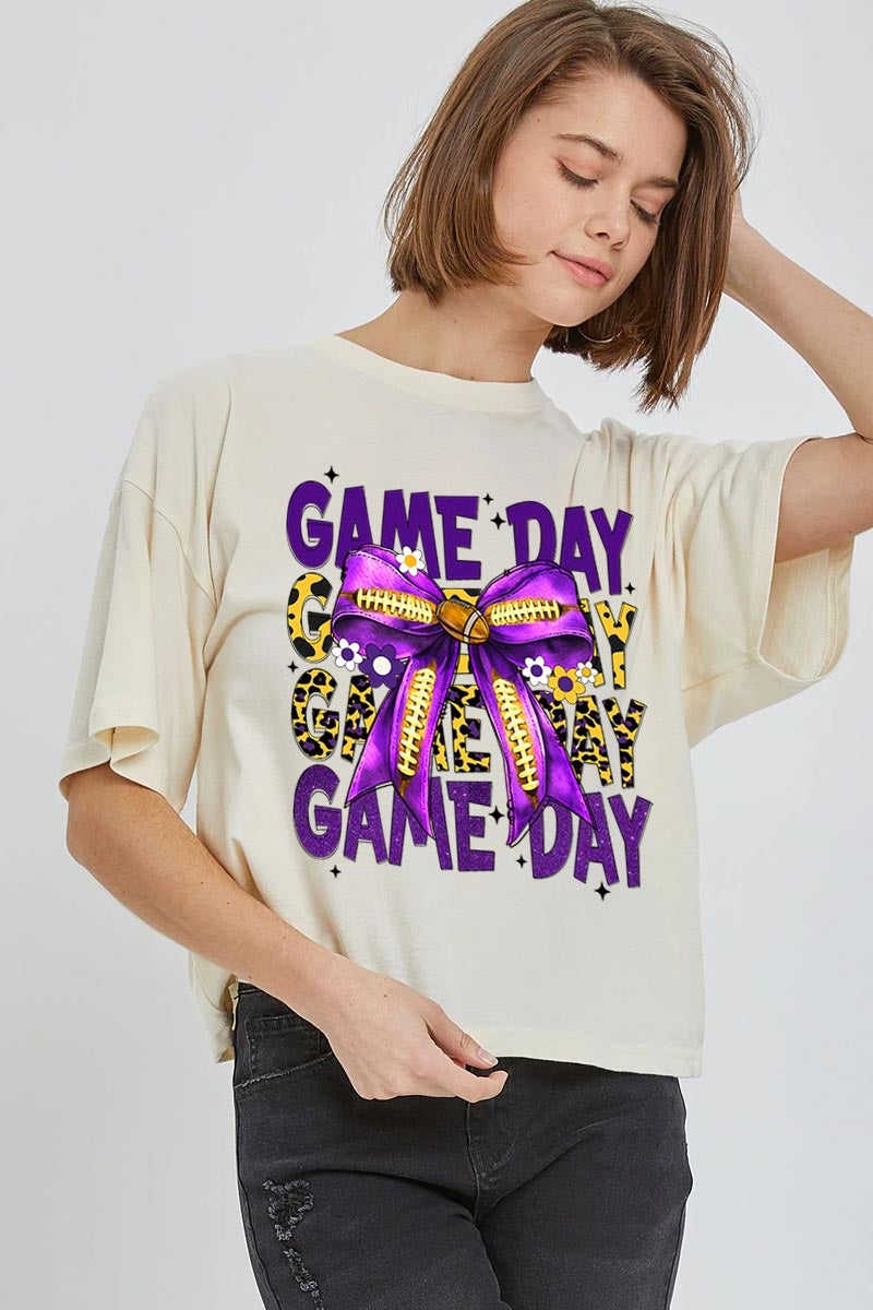 CTS-E3092 Purple Football Game Day Bow Relaxed Crop Top $11