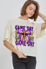 CTS-E3092 Purple Football Game Day Bow Relaxed Crop Top $11