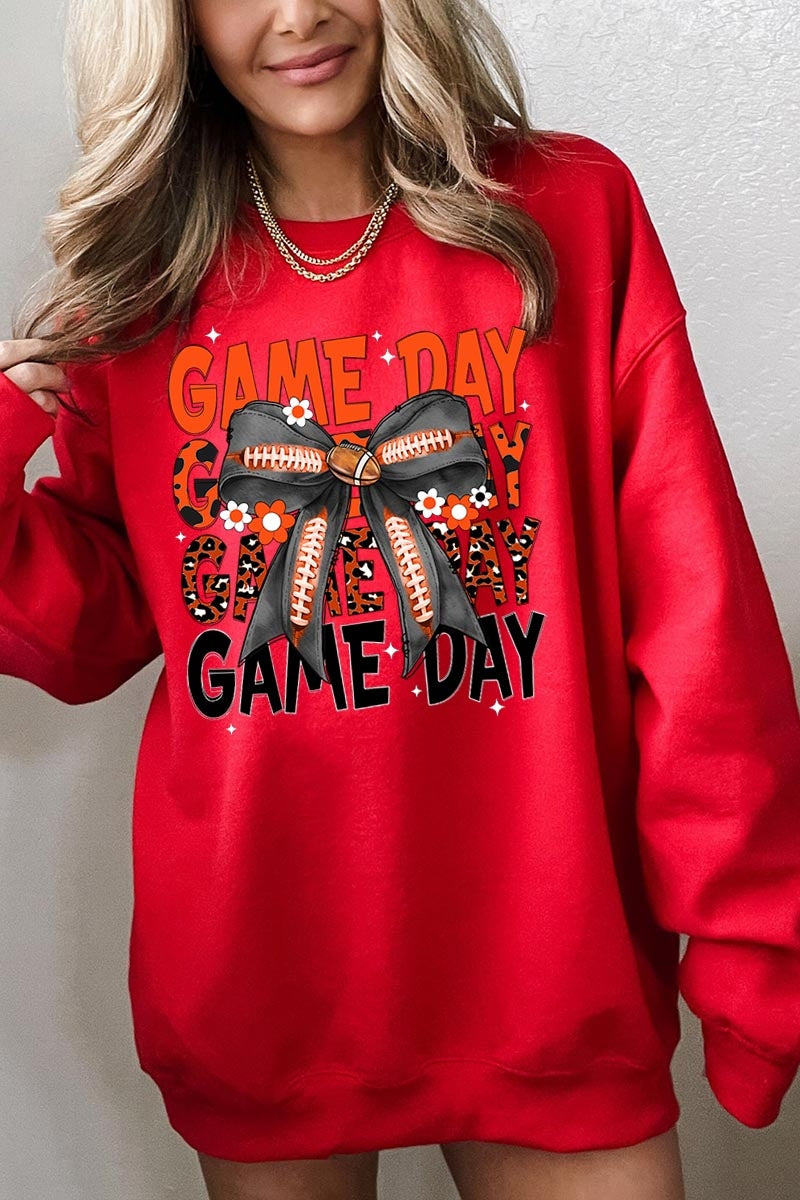 UL180P-E3088 Orange Black Football Game Day Bow Plus Sweatshirt $25