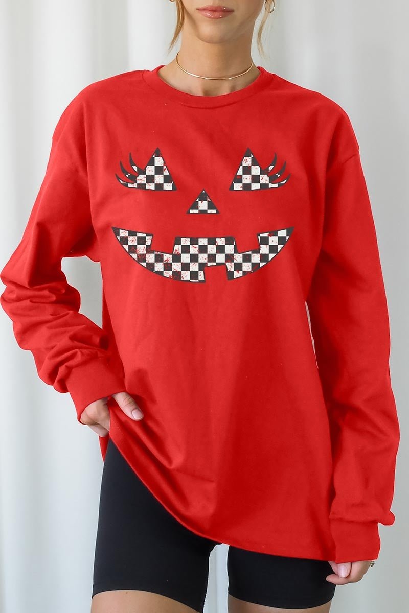 UL240-E3149 Checker Pumpkin Face Graphic Long Sleeve Tee $13.75