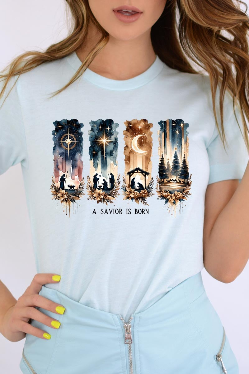 US3001-E3204 Savior Is Born Nativity Graphic Tee $12.5