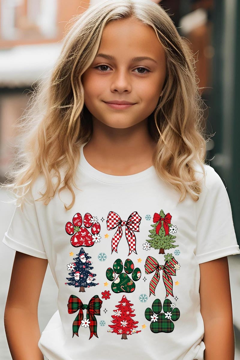 US3001Y-E3195Z Christmas Bow Paw Kids Graphic Tee $11