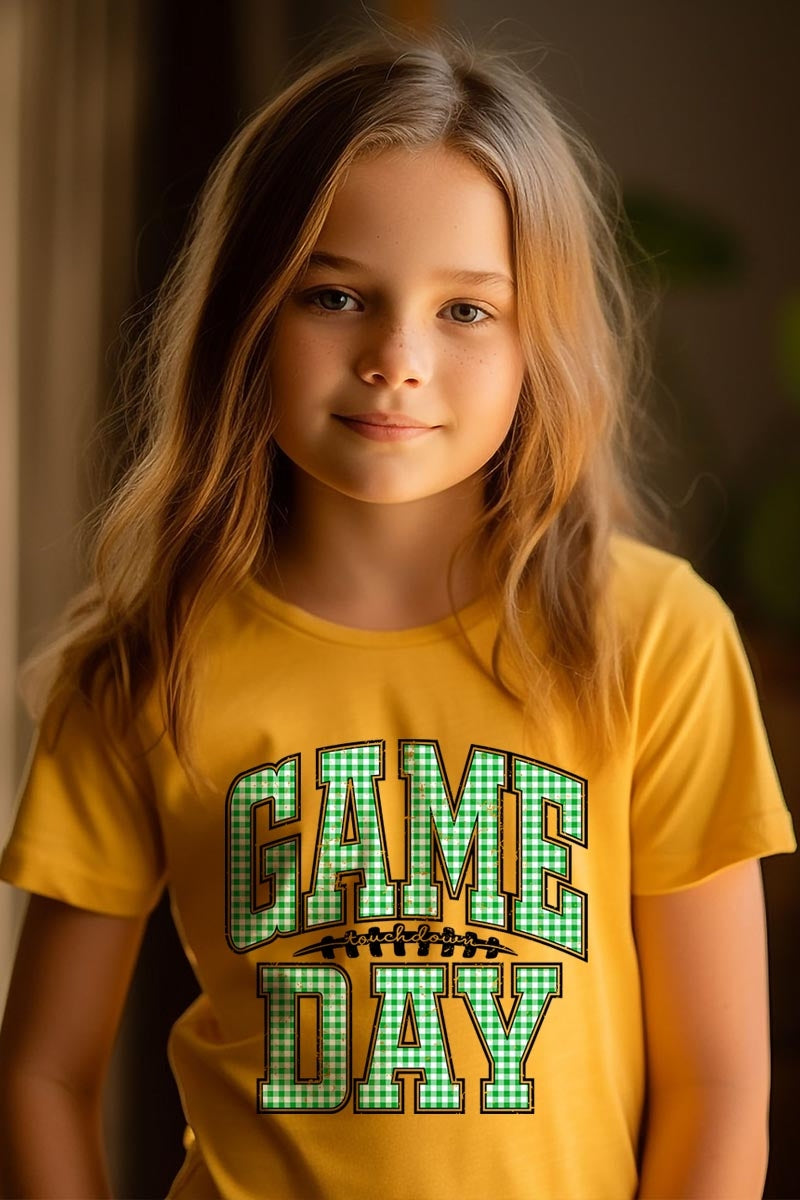 US3001Y-E3128Z Green Gingham Game Day Kids Graphic Tee $11