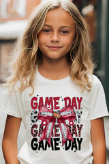 US3001Y-E3093Z Red Silver Football Game Day Bow Kids Graphic Tee $11