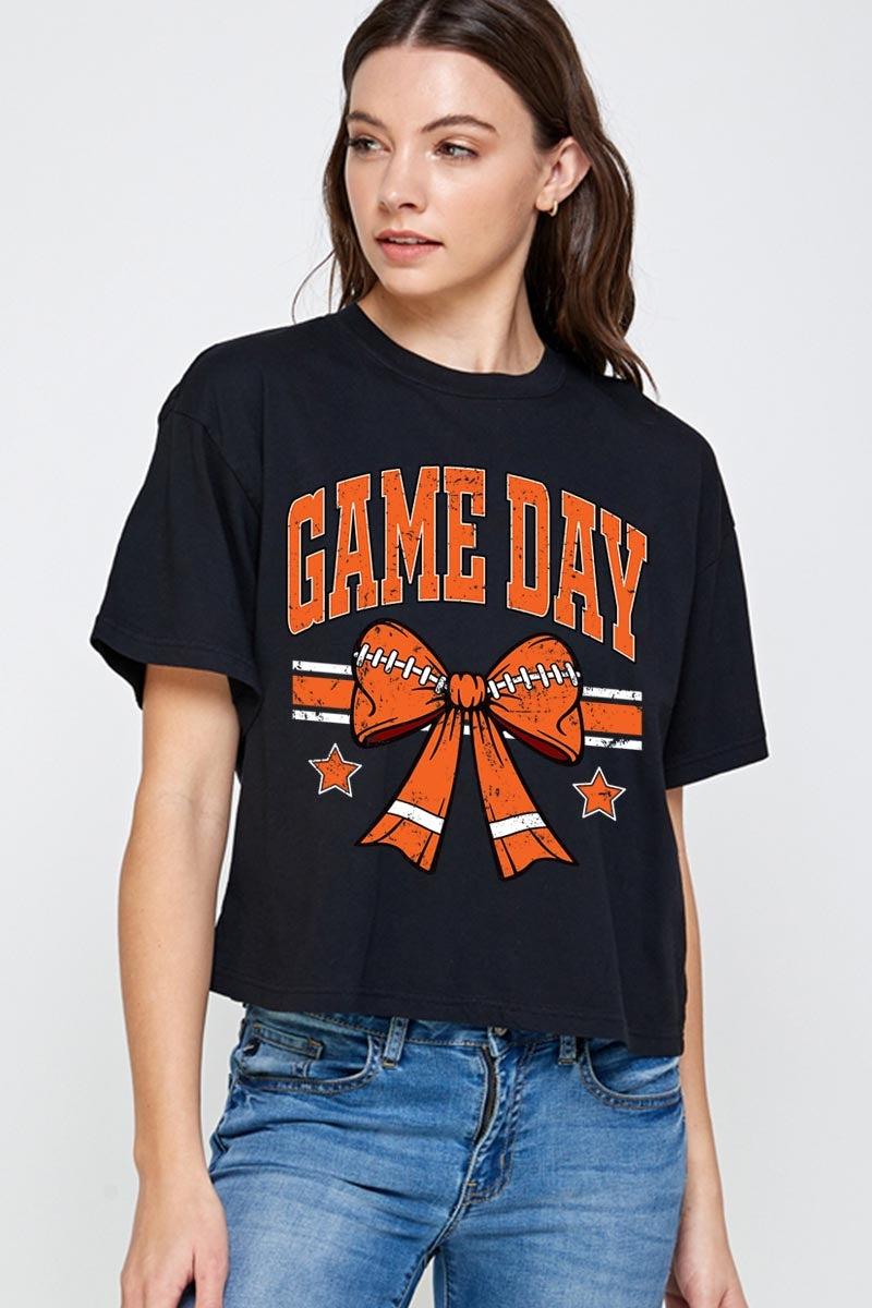 CTS-E3064 Orange Game Day Football Bow Graphic Crop Top $11