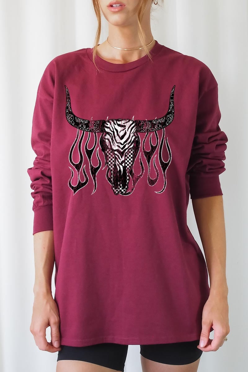 UL240-E3176 Western Bullskull Graphic Long Sleeve Tee $13.75