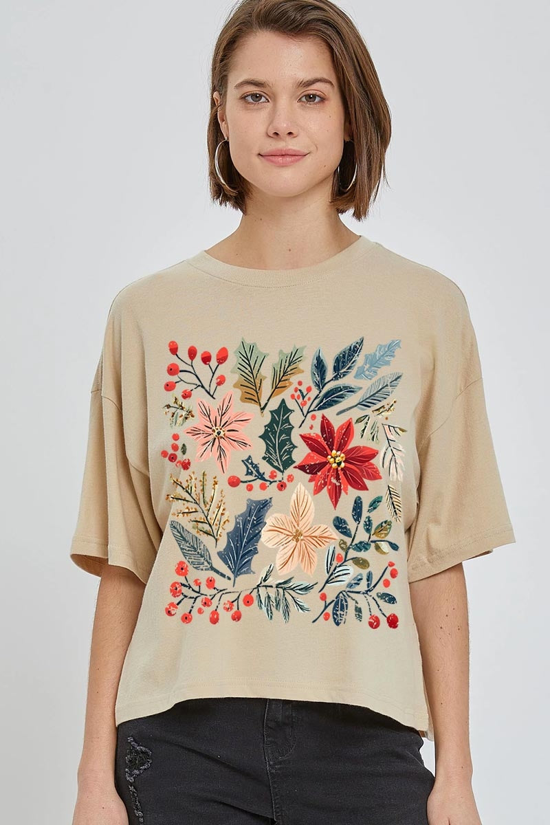 CTS-E3186 Floral Christmas Graphic Relaxed Crop Top $11