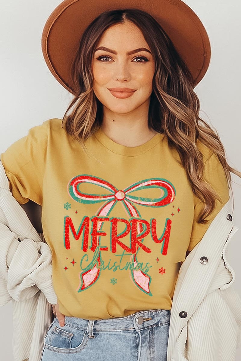 US3001-E3197 Merry Christmas Bow Graphic Tee $12.5