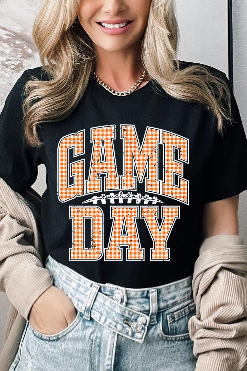 US3001-E3129 Orange Gingham Game Day Graphic Tee $12.5