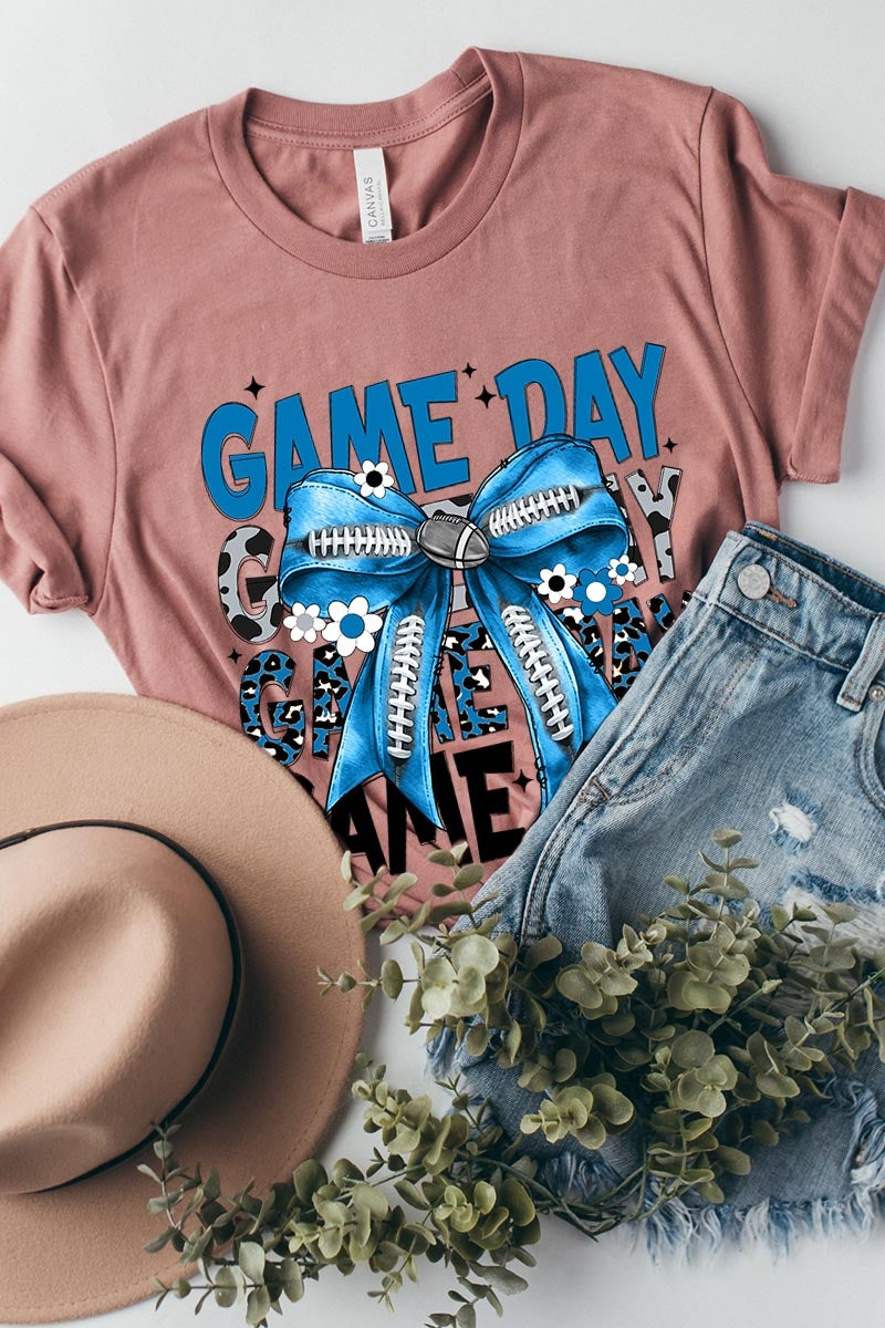 US3001P-E3089 Blue Silver Football Game Day Bow Graphic Plus Tee $16