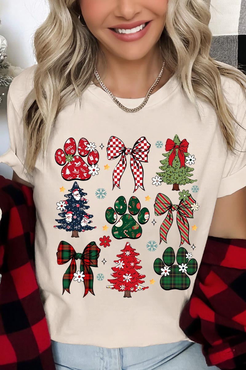 US3001-E3195 Christmas Bow Paw Graphic Tee $12.5