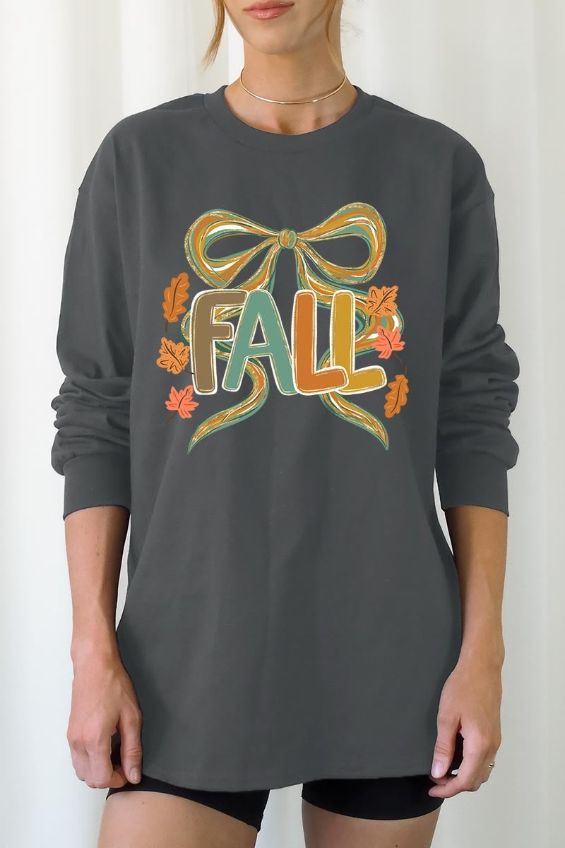 UL240-E3121 Fall Brushstroke Bow Graphic Long Sleeve Tee $13.75