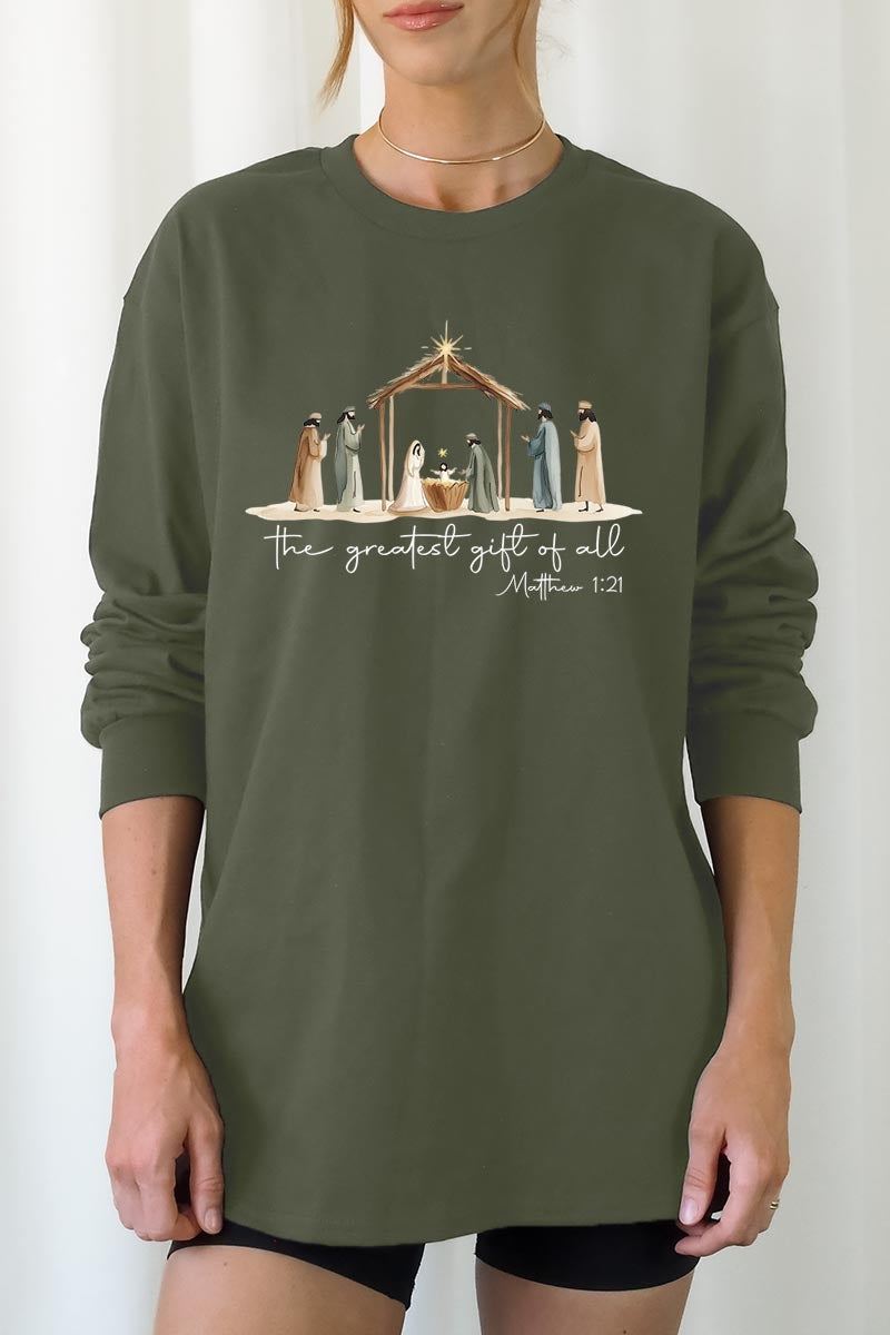 UL240-E3183 Nativity Gift Graphic Long Sleeve Tee $13.75