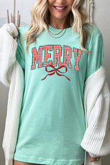 US3001-E3206 Plaid Merry Christmas Bow Graphic Tee $12.5
