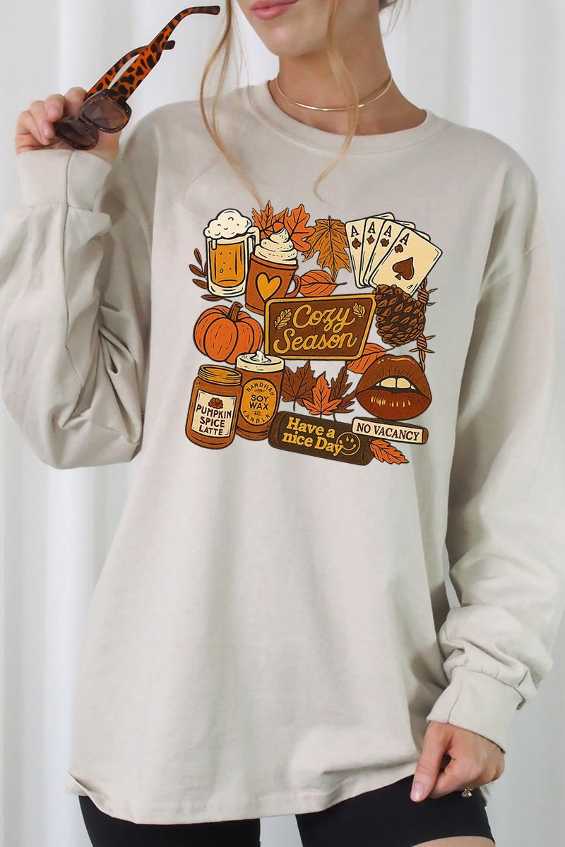 UL240-E3119 Retro Fall Collage Graphic Long Sleeve Tee $13.75