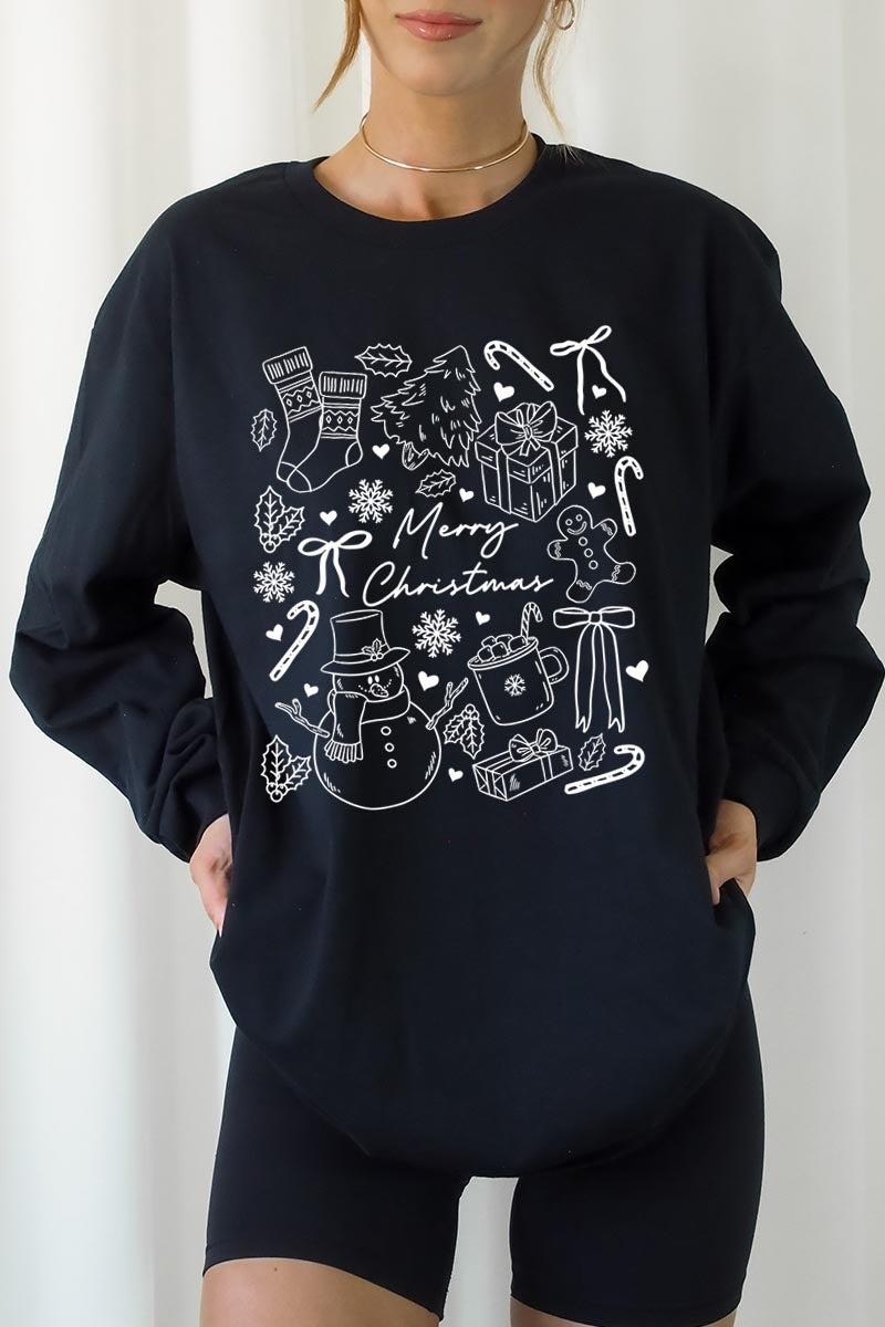 UL240P-E3181 Christmas Doodle Graphic Plus Long Sleeve Tee $17