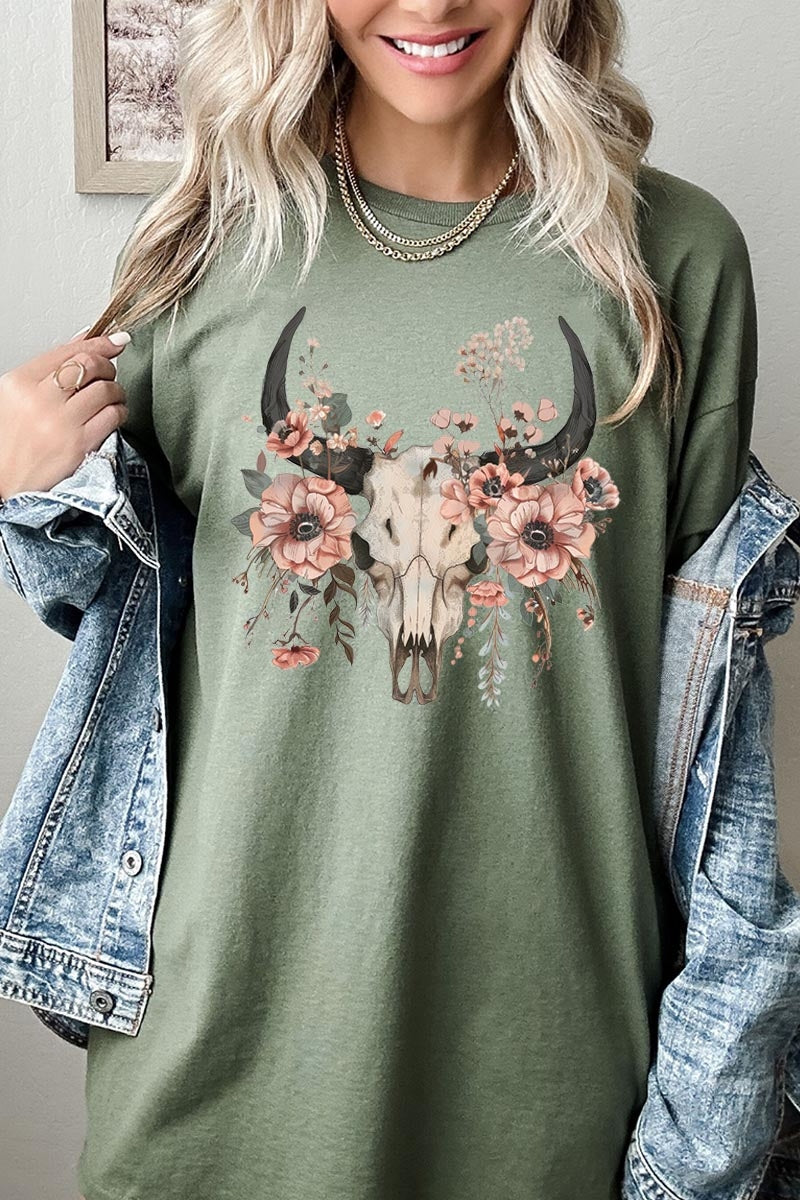 5000-E3113 Western Skull Floral Graphic Heavy Cotton Tee $9
