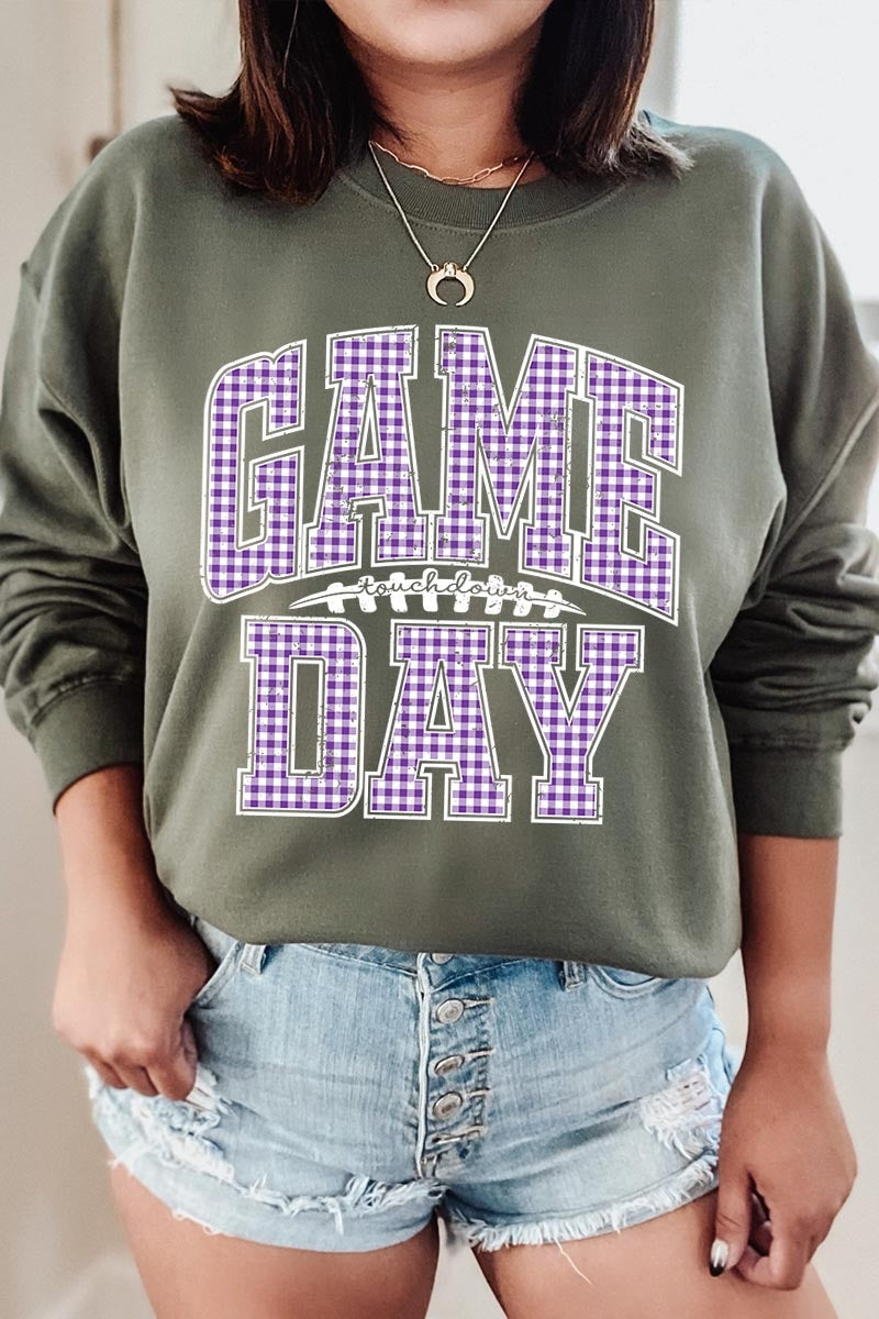 UL180P-E3127 Purple Gingham Game Day Graphic Plus Sweatshirt $25