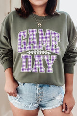 UL180P-E3127 Purple Gingham Game Day Graphic Plus Sweatshirt $25