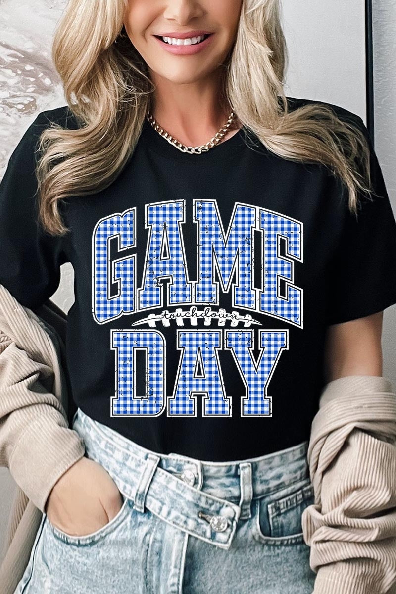 US3001-E3130 Blue Gingham Game Day Graphic Tee $12.5