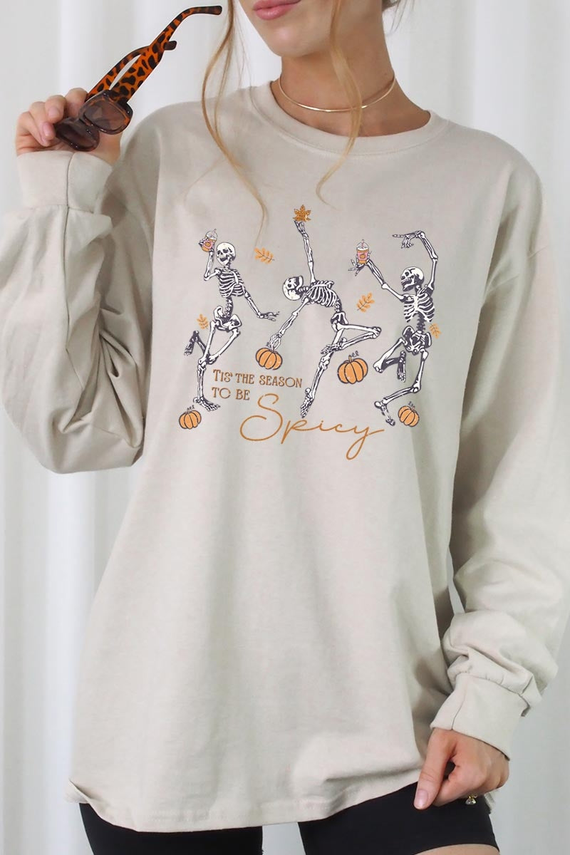 UL240-E3123 Halloween Skeleton Graphic Long Sleeve Tee $13.75