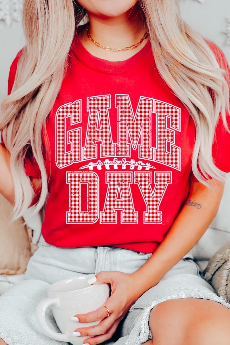 US3001P-E3126 Red Gingham Game Day Graphic Plus Tee $16