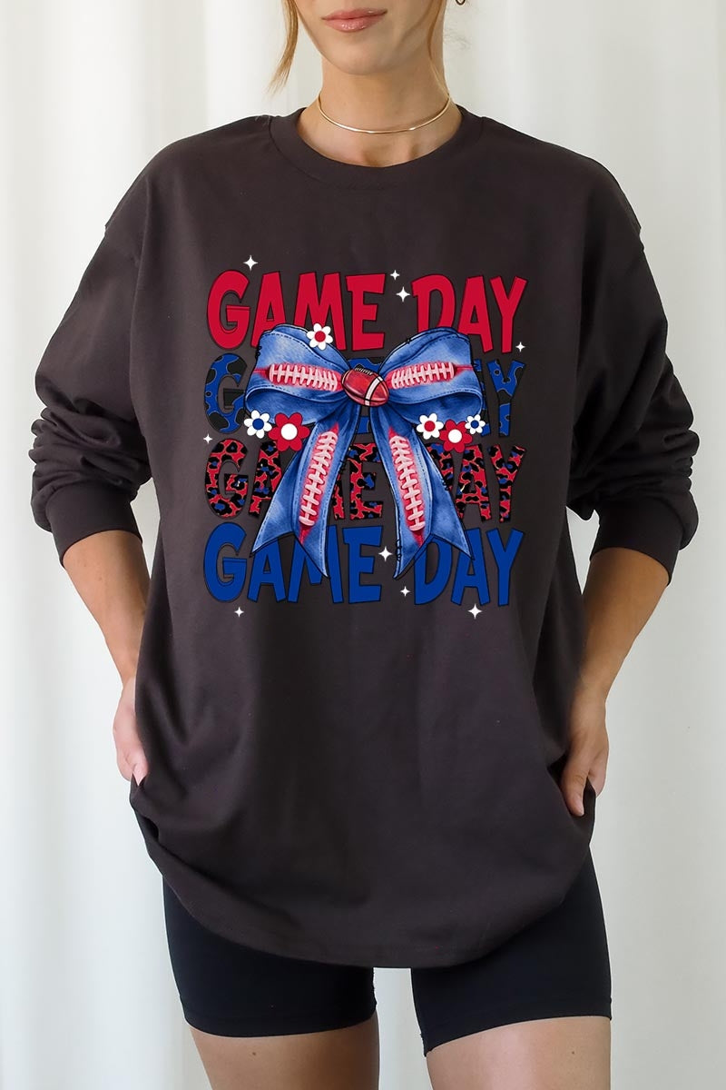 UL240P-E3087 Red Blue Football GameDay Bow Plus Long Sleeve Tee $17